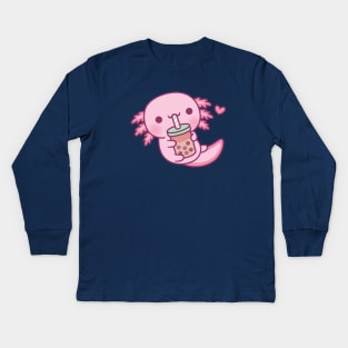 Cute Little Axolotl Loves Bubble Tea Kids Long Sleeve T-Shirt